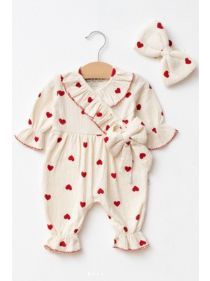Cantoy Kız Bebek Kalp Desenli Fırfırlı Müslin Tulum Seti