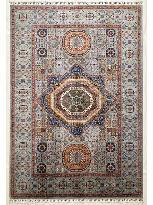 El Dokuma Orijinal Afgan Halı Memlük Desenli Gri Renk Kök Boya