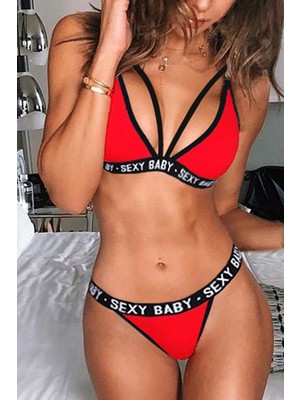 SHN Kadın Kırmızı Yazı Detaylı Ipli Sütyen Takımı – Modern, Konforlu ve Günlük Kombinlere Uygun