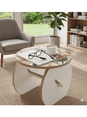 Kids Town Bohem Desenli Beyaz Yan Sehpa - Dekoratif Mdf C Sehpa / Kahve Sehpası Minimalist, Aletsiz Montaj