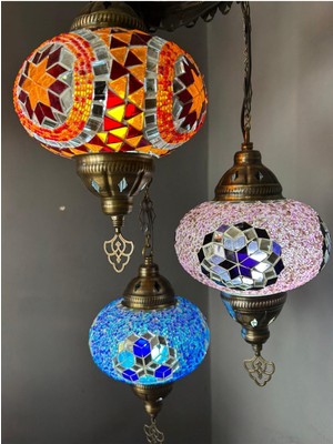 PremiumPort El Yapımı 3’lü Mozaik Avize Seti, Ampul Hediyeli, Şık ve Zarif Dekorasyon