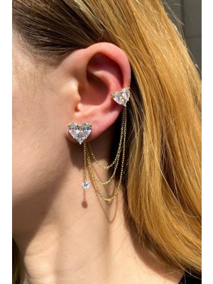 Spossy Silver Jewelry Tekli Zincir Detaylı Kalp Küpe