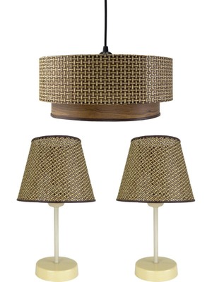 PremiumPort Şık Lina Üçlü Avize ve Abajur Seti, Hasır Kahve ve Ahşap Desenleri