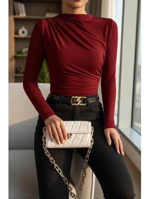 SHN Kadın Bordo Belden ve Boyundan Büzgü Detaylı Uzun Kollu Bluz