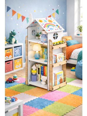 Kids Town 9 Raflı Ahşap Montessori Çocuk Odası Eğitici Kitaplık Iskandinav Tarz Montessori Kitaplık Uv Baskılı