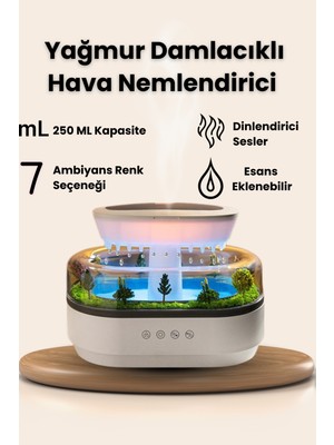 Yussraw Yağmur Damlası Görünümlü Hava Nemlendirici & Aroma Difüzörü - 7 Renk Işıklı Rahatlatıcı Su Sesi (250ML)