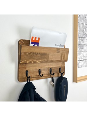 WoodHaus Ahşap Antre Organizer – 4 Kancalı Duvar Anahtarlık & Askılık | Portmanto | Doğal Ahşap
