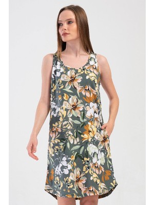 Vienetta Kadın Kalın Askılı Çiçek Desenli Yeşil Gecelik Tunik C1T2N0804