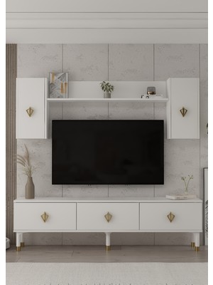 Cantek Dizayn 1369TV180-32CT Tv Sehpası,tv Ünitesi Beyaz-Altın