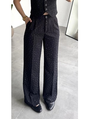 Asfa Moda Kadın Siyah Taşlı Pırıltılı Yüksek Bel Bol Paça Pileli Palazzo Pantolon