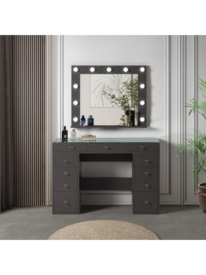 Comiet Hollywood Işıklı Aynalı Kulis Makyaj Masası Cam Tablalı Takı Düzenleyici