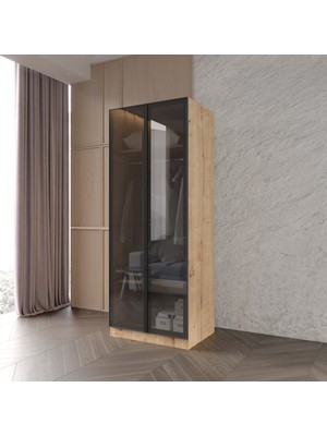 Afilli Ülgen 2 Kapaklı Giyinme Dolabı Tamamı Mdf LED Askı Borusulu Füme Camlı