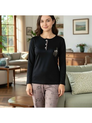 Lila Çiçek Desenli Yumuşak Dokulu Pijama Takımı