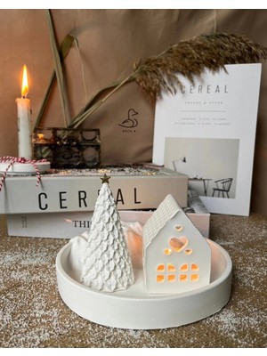 CasadiDuck Dağ Görünümlü Tabak Çukur Ev Şeklinde Tealight Mumluk Çam Ağacı Dekor 2’li Set