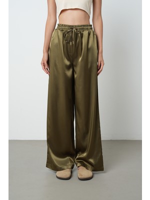 Orfeonegro Kadın Haki Ipeksi Saten Esnek Düz Palazzo Pantolon