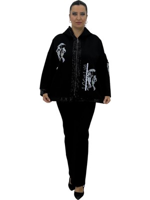 Darkmen Büyük Beden Taşlı Pul Detaylı Kapüşonlu Fermuarlı Uzun Kollu Cepli Rahat Kesim Kadın Ceket