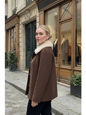 Pastelastore Kürk Yakalı Astarlı Kaşe Ceket Kaban 2121