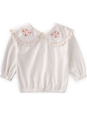 Cigit Dantel Yakalı Vintage Kadife Üst 2-8 Yaş Beyaz