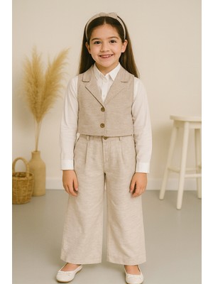 Kız Çocuk Keten Yelek ve Pantolon 2'li Takım