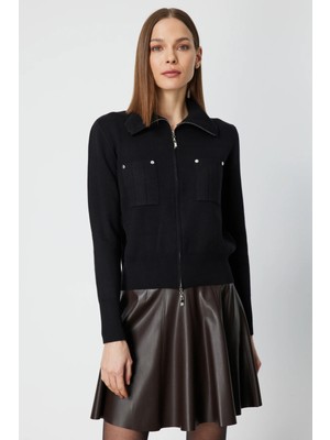 On Kadın Cep Detaylı Fermuarlı Triko Hırka 69904 Siyah