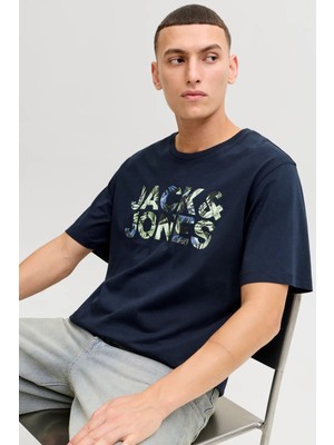 Jack & Jones Erkek Jjejeff Bisiklet Yaka %100 Pamuk T-Shirt 12288536 Lacivert