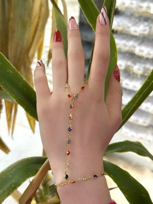 Craftique Renkli Zirkon Taşlı Altın Renk Şahmeran – Kadın El Zinciri Bileklik