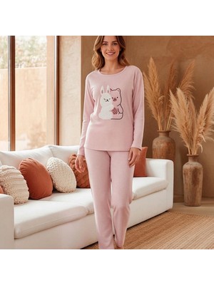 Lila Kadın Pudra Ayıcık & Tavşan Baskılı Fitilli Pijama Takımı