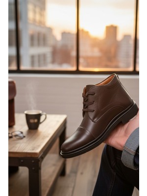 Enoch Hakiki Deri Kahverengi Erkek Bot Klasik Bağcıklı Kışlık Ayakkabı