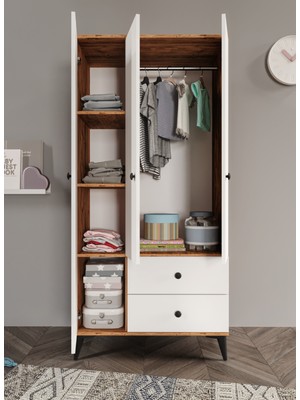 Afilli Neva 3 Kapaklı 2 Çekmeceli Tamamı Mdf Gardrop Atlas Çam Beyaz