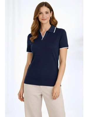 Alfanora Kadın Triko Kumaş Yakalı Düğmesiz Açık Yaka Fitilli Kısa Kollu Regular Fit Tişört T-Shirt - Lacivert