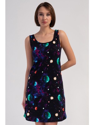 Vienetta Kadın Kalın Askılı Uzay Desenli Lacivert Gecelik Tunik C1T6N3804