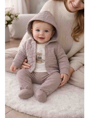 Bubiee Baby Tarz Bebekler Için Ayıcık Figürlü Kapitone Ceketli Mevsimlik 3'lü Set