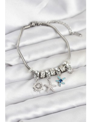 Marsilyan Pirinç Gümüş Renk Deniz Tema Charmlı Kadın Bileklik - TJ-BB8206