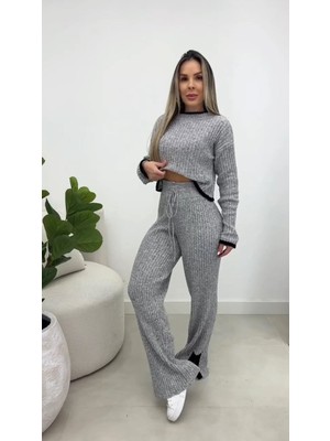 Stelol Kadın Uzun Kollu Bisiklet Yaka Kısa Trıko Bluz ve Pantolon Ikili Takım