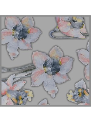 Aker Gri Çiçek Desenli Ipek Krep Saten Eşarp