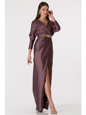 Blue White Önden Yırtmaçlı Kemerli Saten Elbise Swan