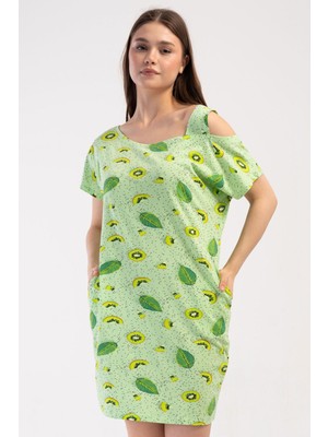 Vienetta Kadın Düşük Kol Tek Omuzlu Desenli Yeşil Gecelik Tunik C2T4N3804