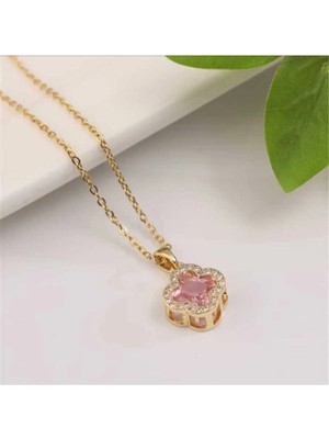 Glimz Jewelry Yonca Zirkon Taşlı Pembe Çelik Kolye ✨