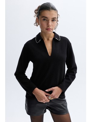 Taşlı Polo Yaka Sweatshırt