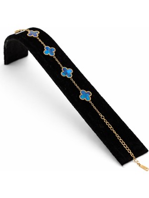 Pangu Mavi Mineli Yonca Detaylı Altın Renk Çelik Bileklik