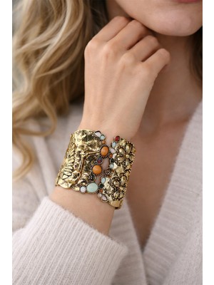 Modex Etnik Renkli Taş Süslemeli Kabartmalı Turna Detay Kelepçe Bileklik (17CM)