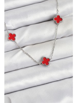 Aspata Store Buğz 316L Çelik Zincir Gümüş Renk Kırmızı Baby Boy Yonca Kadın Kolye