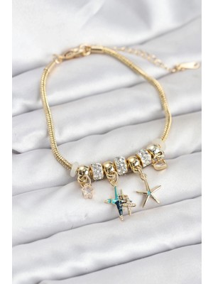 Aspata Store Buğz Pirinç Gold Renk Yıldız Model Charmlı Kadın Bileklik