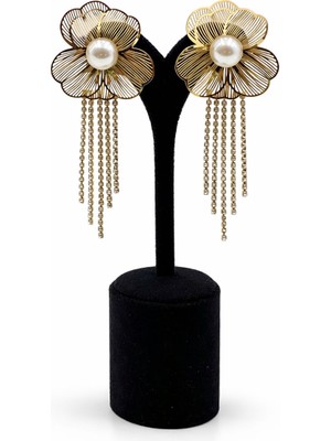 Pangu Inci Detaylı Çiçek Figürlü Zincir Sallantılı Altın Renk Çelik Küpe