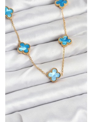 Aspata Store Buğz 316L Çelik Zincir Gold Buz Mavisi Renk Yonca Kolye