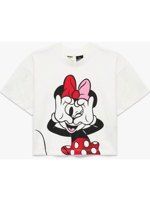 Koton Minnie Mouse Baskılı Lisanslı Crop Ekru Kız Çocuk T-Shirt 6SKG10183AK