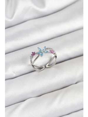 Aspata Store Buğz Pirinç Gümüş Renk Zirkon Taşlı Mavi Çiçekli Kadın Yüzük