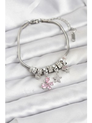 Aspata Store Buğz Pirinç Gümüş Renk Pembe Kelebek Charmlı Kadın Bileklik