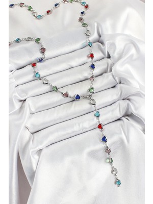 Aspata Store Buğz Pirinç Gümüş Renk Karışık Renk Zirkon Taşlı Kalpli Y Kadın Kolye