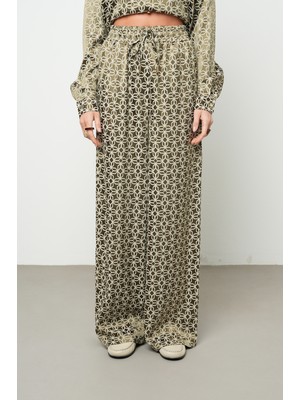 Orfeonegro Kadın Haki Prizma Geometrik Desenli Ipeksi Palazzo Pantolon
